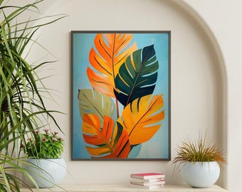 Tropical Monstera Leaf Print, Abstract Botanical Wall Art, Orange Green Boho Decor, Digital Download, Living Room Art, Plant Lover Gift
