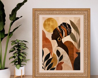 アフリカ人女性の植物画ウォールアートプリント、黒人女性の金色の太陽の肖像、アフロセントリックなホームデコレーション、テラコッタボヘミアンポスター、デジタルダウンロード
