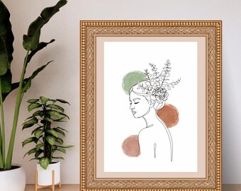 Line Art Woman Floral Print, Botanical Female Portrait, Boho Minimalist Wall Art, Sage Green Terracotta Decor, Peony Flower Digital Download