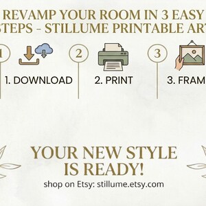 Pu&ograve; includere: Grafica beige con il testo &laquo;REVAMP YOUR ROOM IN 3 EASY STEPS - STILLUME PRINTABLE ART&raquo;. I passaggi sono scaricare, stampare e incorniciare. &Egrave; incluso anche il testo &laquo;YOUR NEW STYLE IS READY!&raquo;, insieme all'URL del negozio Etsy.