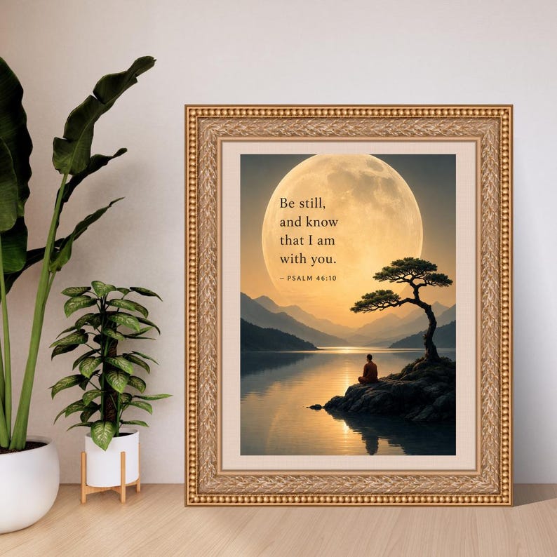May include: A framed wall art print featuring a large full moon over a calm lake with mountains in the background. A person sits on a rocky outcrop near a tree. The text reads: Be still, and know that I am with you. - PSALM 46:10.