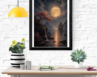 日本の満月桜の壁画、幻想的な夜の海景画、アジアの帆船の月面プリント、暗い天体装飾、デジタル