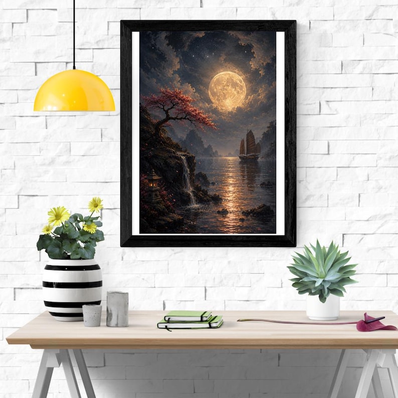 K&ouml;nnte beinhalten: Ein gerahmter Wandkunstdruck, der eine n&auml;chtliche Szene mit einem gro&szlig;en Vollmond, einem dunklen, sternenklaren Himmel, einem silhouettierten Segelboot auf ruhigem Wasser, einer Felsklippe mit Wasserfall und einem Baum mit roten Bl&auml;ttern zeigt.