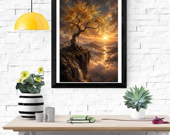 Gouden boom boven de wolken, muurdecoratie, fantasievol zonsonderganglandschap vanaf een klif, magisch natuurschilderij, spirituele boomposter, digitale print