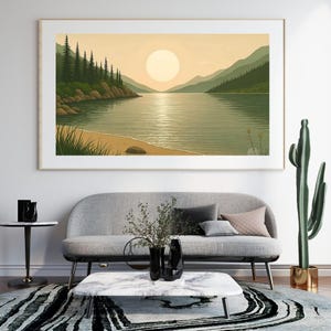 Sunset Lake Landscape Art, Minimalist Nature Print, Mountain Forest Home Decor, Canvas Artwork for Living Room, Retro Lake House Wall Art