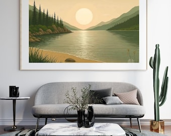 Landskapskonst med solnedgång och sjö, minimalistisk naturtryck, heminredning med bergsskog, kanvaskonstverk för vardagsrum, retro väggkonst med sjöhus
