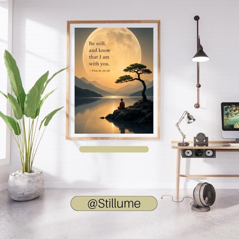 May include: A framed wall art print featuring a serene landscape with a large full moon, mountains, a calm lake, and a lone figure sitting on a rocky outcrop under a tree. The text reads: Be still, and know that I am with you. - PSALM 46:10.