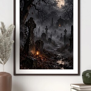 Haunted Cemetery Full Moon Ghosts Print | Gothic Graveyard Wall Art | Spooky Halloween Dark Academia Decor Foggy Night Scene immagine 3