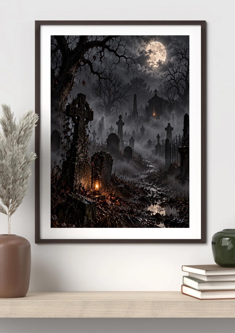 Haunted Cemetery Full Moon Ghosts Print | Gothic Graveyard Wall Art | Spooky Halloween Dark Academia Decor Foggy Night Scene immagine 3