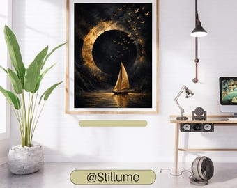 Muurdecoratie met gouden zeilboot en zwarte maan, schilderij van een donkere hemelse oceaan, luxe poster met gouden vogel in de nacht, sfeervolle nautische decoratie, digitale print