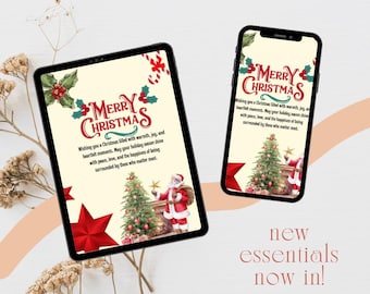 クリスマスグリーティングカード（印刷可能）、サンタとツリーのメリークリスマスカード、ホリデーカード（デジタルダウンロード）、クリスマスのお祝いカードギフト、友達