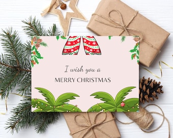 トロピカルクリスマスカード、お祝いのグリーティングカード、ホリデーカード、クリスマスカード、ビーチクリスマス、アイランドホリデーカード、ユニークなクリスマス