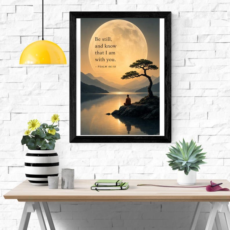 Be Still And Know Psalm 46:10 Scripture Wall Art, Christian Moon Landscape Print, Faith Bible Verse Poster, Spiritual Decor, Digital image 1