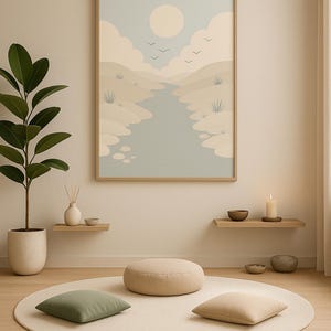 Flodflöde, minimalistisk landskapstryck, Japandi lugn inredning för sovrum, digital nedladdning, naturväggkonst, landskapstryck bild 4