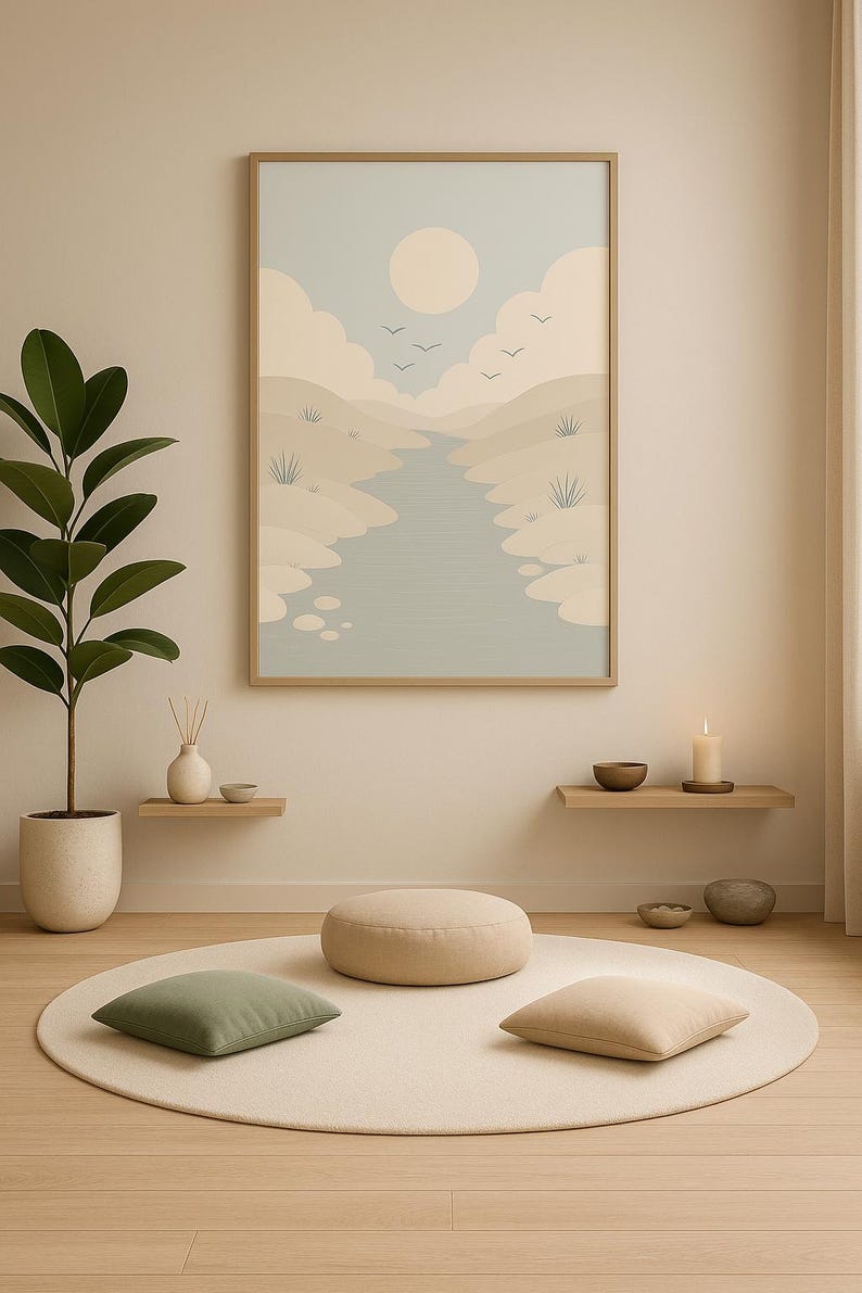 Flodflöde, minimalistisk landskapstryck, Japandi lugn inredning för sovrum, digital nedladdning, naturväggkonst, landskapstryck bild 4