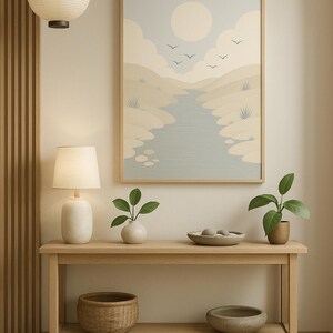 Flodflöde, minimalistisk landskapstryck, Japandi lugn inredning för sovrum, digital nedladdning, naturväggkonst, landskapstryck bild 2