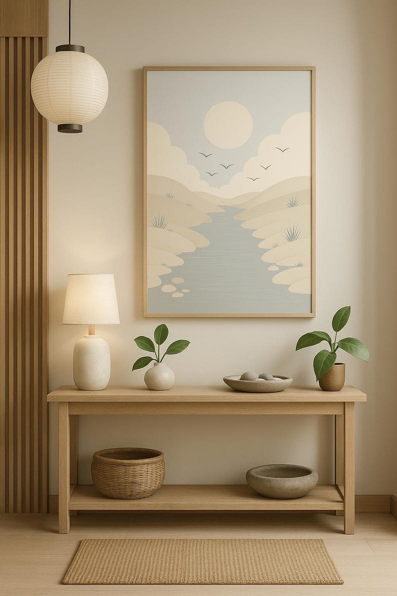Flodflöde, minimalistisk landskapstryck, Japandi lugn inredning för sovrum, digital nedladdning, naturväggkonst, landskapstryck bild 2