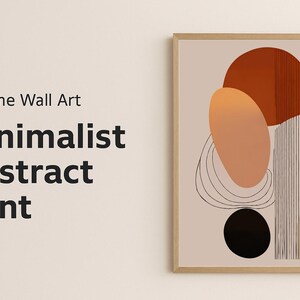 Może przedstawiać: Oprawiony minimalistyczny abstrakcyjny nadruk z beżowym tłem. Grafika przedstawia geometryczne kształty w odcieniach pomarańczu, czerni i beżu, z cienkimi czarnymi liniami. Widoczny jest tekst "Stillume Wall Art" i "Minimalist Abstract Print".