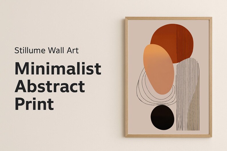 Może przedstawiać: Oprawiony minimalistyczny abstrakcyjny nadruk z beżowym tłem. Grafika przedstawia geometryczne kształty w odcieniach pomarańczu, czerni i beżu, z cienkimi czarnymi liniami. Widoczny jest tekst "Stillume Wall Art" i "Minimalist Abstract Print".