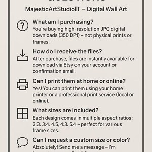 May include: A cream-colored graphic with the text "FREQUENTLY ASKED QUESTIONS" and answers about digital art downloads. Includes information on file types, printing, and commercial use. The Etsy shop name is MajesticArtStudioIT.