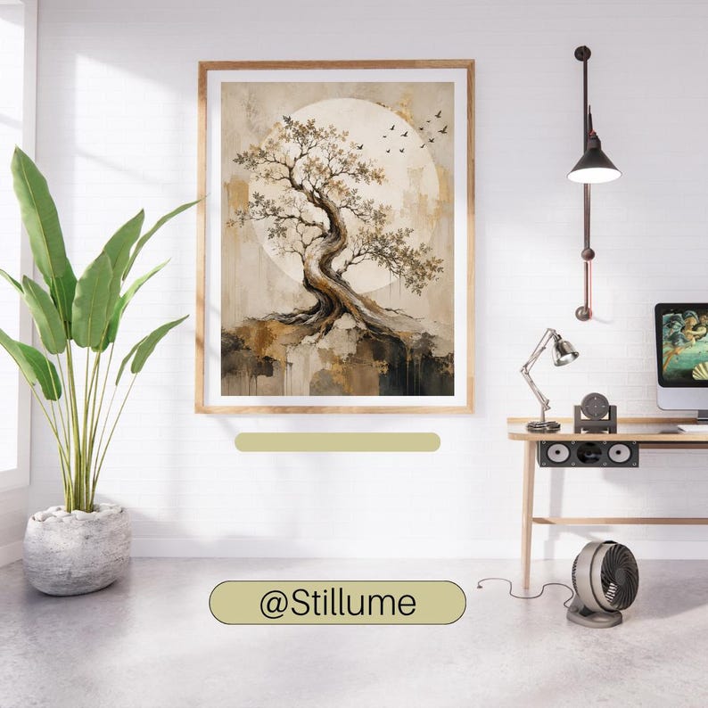 Ancient Tree Gold Moon Wall Art Print, Japandi Botanical Painting, Neutral Beige Nature Decor, Luxury Abstract Tree Poster, Digital Download bild 2