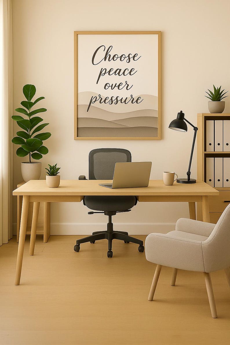 May include: A light wood desk with a laptop, black desk lamp, and a framed print that reads "Choose peace over pressure." A black office chair and a beige armchair are also present. Potted plants and a mug complete the office setting.