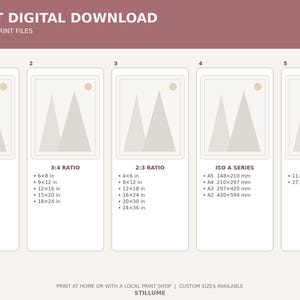 May include: Digital download art print size guide. The image shows five print size options: 4:5 ratio, 3:4 ratio, 2:3 ratio, ISO A series, and 11x14 ratio. Each option lists the available print sizes in inches and centimetres.
