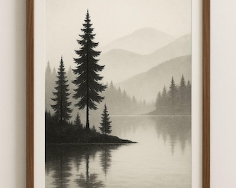 Minimalist Forest Wall Art Printable, Monochrome Lake Landscape, Calm Black and White Nature Decor, Digital Download, Vintage Wall Art