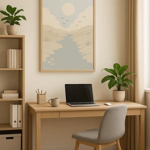Flodflöde, minimalistisk landskapstryck, Japandi lugn inredning för sovrum, digital nedladdning, naturväggkonst, landskapstryck bild 3