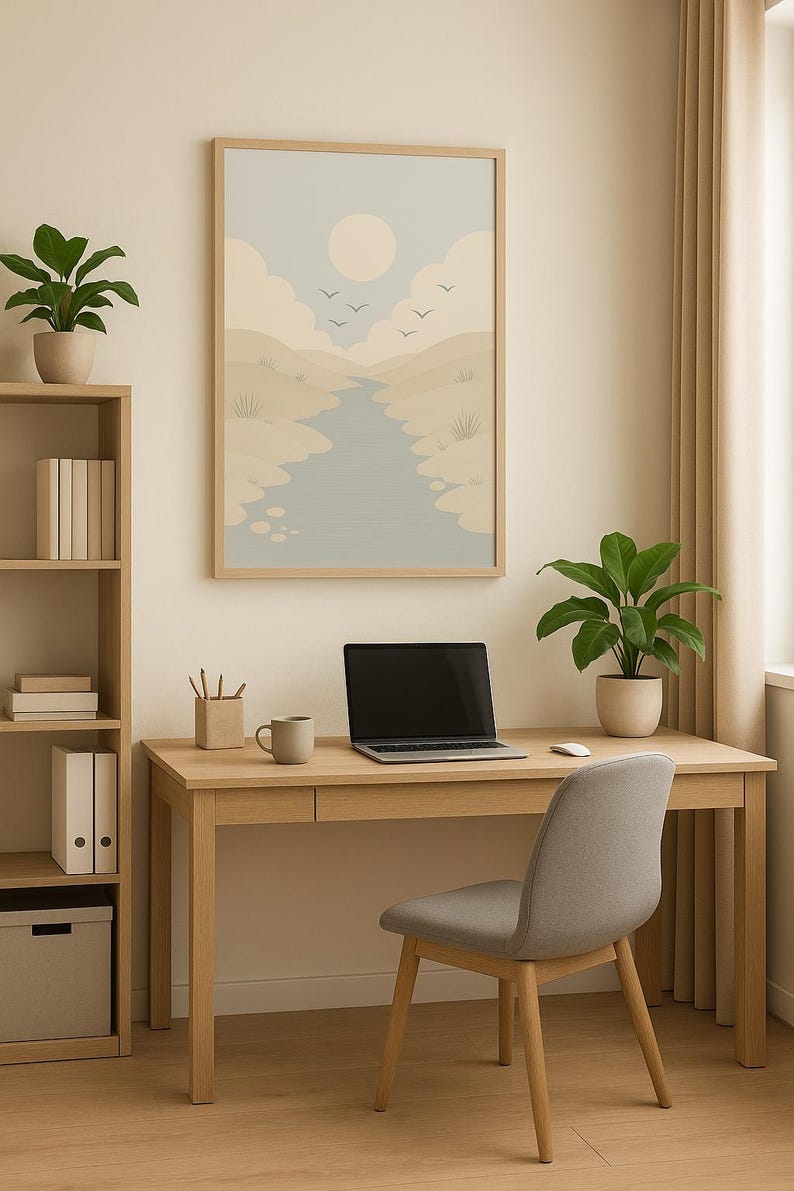 Flodflöde, minimalistisk landskapstryck, Japandi lugn inredning för sovrum, digital nedladdning, naturväggkonst, landskapstryck bild 3