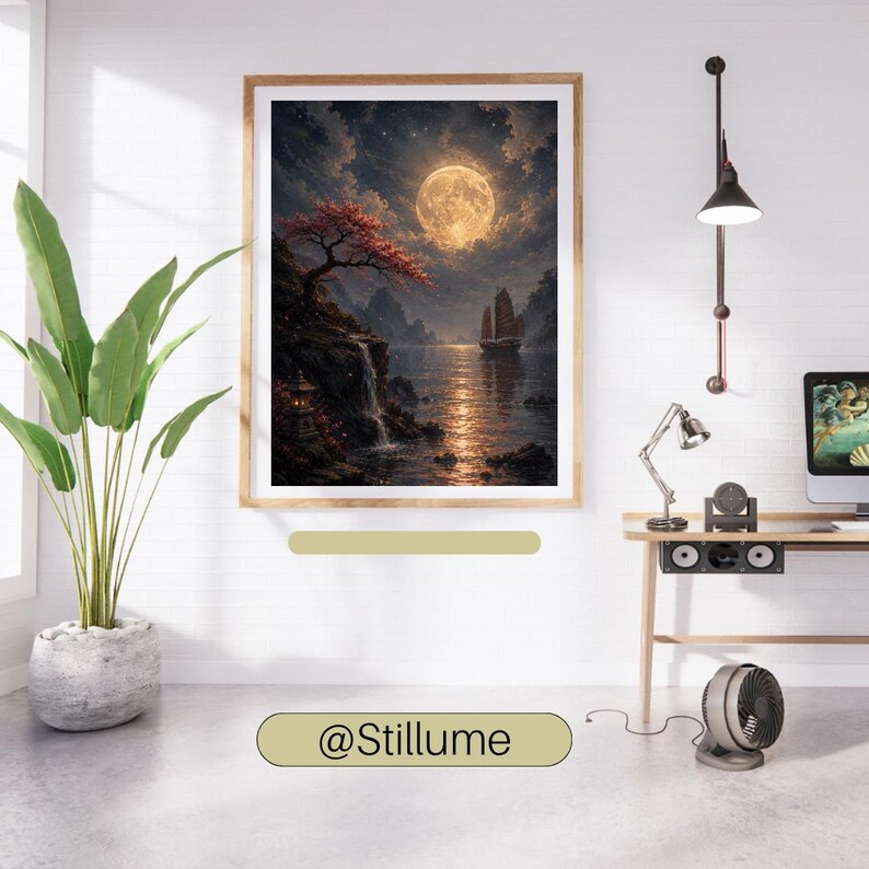 K&ouml;nnte beinhalten: Ein gerahmter Wandkunstdruck mit einer n&auml;chtlichen Landschaft, einem gro&szlig;en Vollmond, einem Segelboot auf ruhigem Wasser, einem Wasserfall an einer Felsklippe und einem Baum mit roten Bl&auml;ttern. Der Text @Stillume ist unter dem Bild sichtbar.
