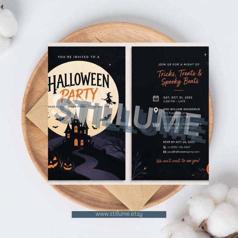 Spooky Halloween Party Invitation Template, Editable Halloween Invite Printable, Haunted House Witch Full Moon Costume Party Invitation Canv image 2