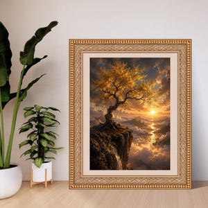 Pu&ograve; includere: Una stampa artistica incorniciata che raffigura un albero dorato su una scogliera rocciosa sopra un mare di nuvole al tramonto. L'opera &egrave; racchiusa in una cornice dorata ornata e testurizzata con un bordo passe-partout di colore chiaro.