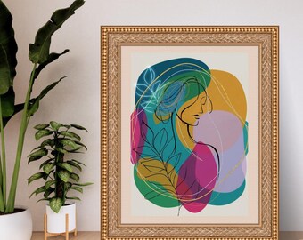 Botanical Woman Line Art Print, Colorful Abstract Feminine Wall Art,Floral Figure Illustration, Modern Decor, Digital Download Printable Art
