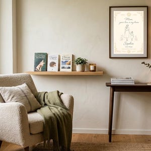 May include: A living room interior with a framed print reading "Mom, your love is my home" and a drawing of a mother and child. A beige armchair with a pillow and green blanket is near a window. A wooden shelf holds books and a small plant.