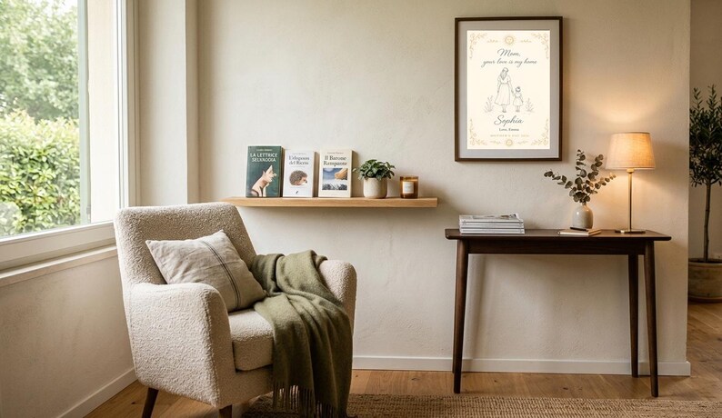 May include: A living room interior with a framed print reading "Mom, your love is my home" and a drawing of a mother and child. A beige armchair with a pillow and green blanket is near a window. A wooden shelf holds books and a small plant.