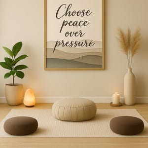 May include: A serene interior scene featuring a framed artwork with the text "Choose peace over pressure." The room includes a potted plant, a salt lamp, a candle, and three meditation cushions. The color palette is neutral with beige and brown tones.