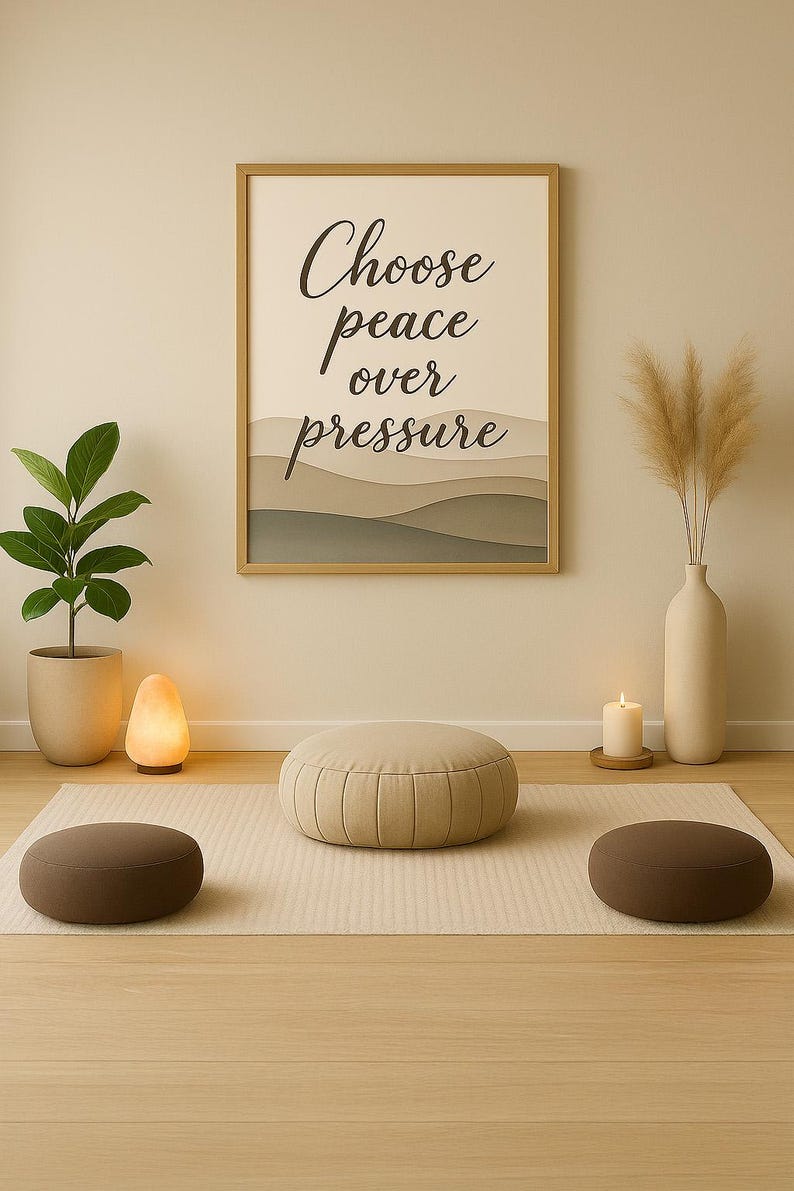 May include: A serene interior scene featuring a framed artwork with the text "Choose peace over pressure." The room includes a potted plant, a salt lamp, a candle, and three meditation cushions. The color palette is neutral with beige and brown tones.
