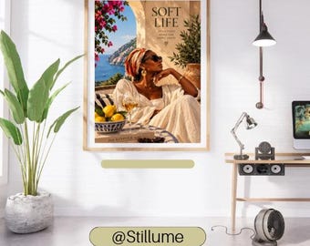 Soft Life Black Woman Wall Art Print, Amalfi Coast Luxury Lifestyle Poster, African American Travel Decor, Feminine Quote Print, Digital