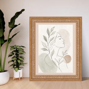 Boho Woman Line Art, Botanical Girl Print, Sage Green Wall Art, Minimalist Woman, Floral Line Drawing, Neutral Wall Decor, Digital Download image 3