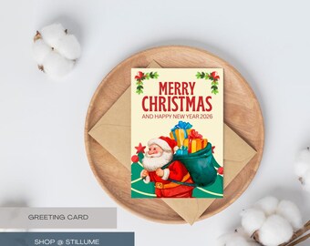 気まぐれなサンタのクリスマスカード2025–2026、お祝いのホリデーグリーティング、水彩画のサンタとプレゼント、かわいいメリークリスマスの印刷物、彼女にプレゼント