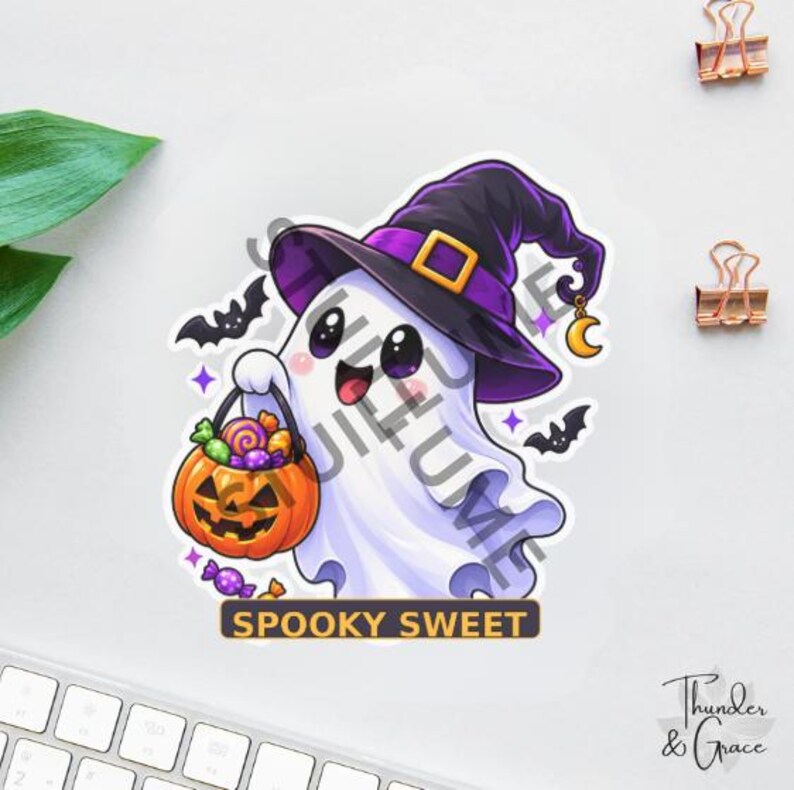 May include: A die-cut sticker featuring a white ghost wearing a purple witch hat with a gold buckle and a dangling crescent moon charm. The ghost holds an orange jack-o'-lantern bucket filled with colorful candies, surrounded by two black bats.