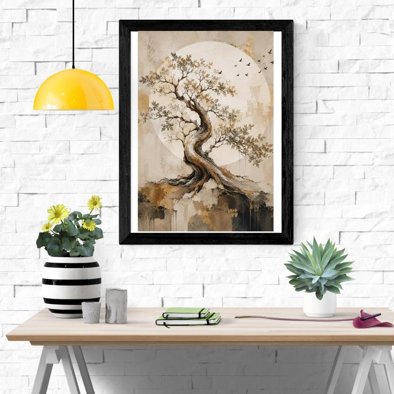 Ancient Tree Gold Moon Wall Art Print, Japandi Botanical Painting, Neutral Beige Nature Decor, Luxury Abstract Tree Poster, Digital Download bild 3