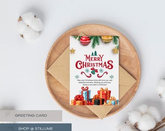 メリークリスマスグリーティングカード、ホリデーカード印刷可能、お祝いクリスマスカード、即時ダウンロード、友人や家族へのかわいいクリスマスカードデザイン