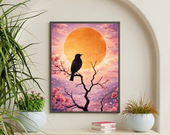 鳥のシルエットの夕焼けウォールアート、桜の風景プリント、ジャパニーズスタイルの美的ポスター、禅の自然装飾、夢のようなピンクの空のアートワーク