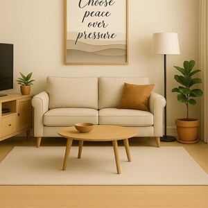 May include: A living room scene with a beige sofa, a round wooden coffee table, and a framed artwork that reads "Choose peace over pressure." A floor lamp and potted plants add to the cozy atmosphere. The room has a neutral color palette.