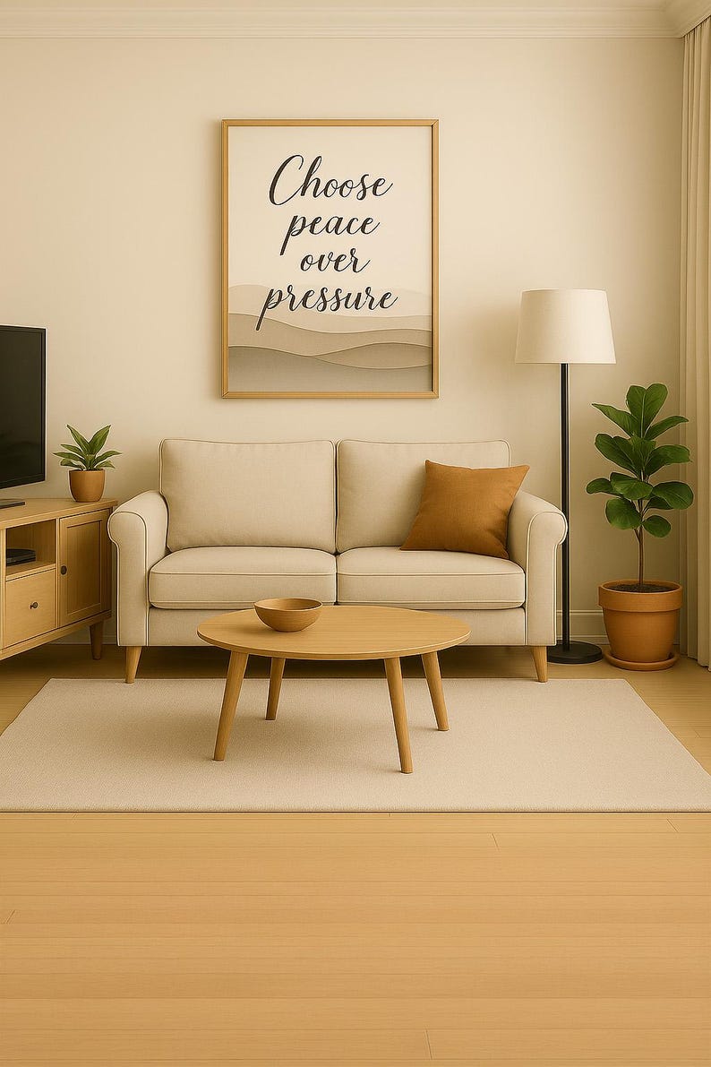 May include: A living room scene with a beige sofa, a round wooden coffee table, and a framed artwork that reads "Choose peace over pressure." A floor lamp and potted plants add to the cozy atmosphere. The room has a neutral color palette.