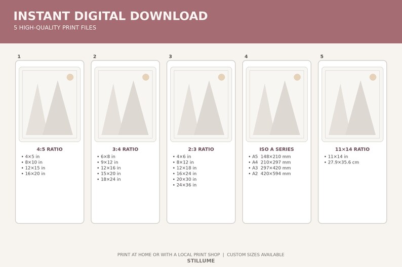 Pu&ograve; includere: Guida alle dimensioni di stampa per download digitali. L'immagine mostra cinque diverse opzioni di rapporto di stampa: 4:5, 3:4, 2:3, ISO A Series e 11x14. Ogni rapporto include varie opzioni di dimensioni in cm e pollici.