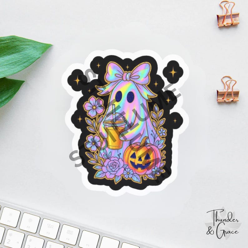 May include: A holographic sticker featuring a ghost with a large bow, holding an iced coffee drink. The ghost is surrounded by purple and blue flowers, a jack-o'-lantern, and small stars against a black background with a white border.