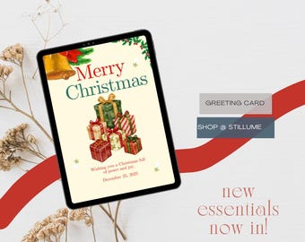 メリークリスマスグリーティングカード、印刷可能なホリデーカード、ギフト付きのエレガントなクリスマスカード、すぐにダウンロード可能、2026年のクリスマスのお祝いカード、ギフト
